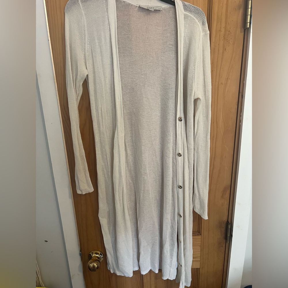 LOFT Cream Lightweight Button-Front Long Cardigan